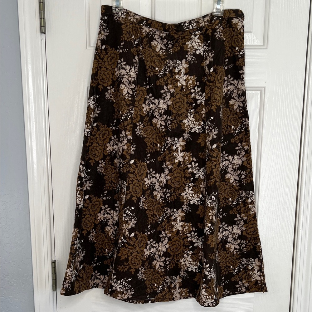 Brown floral micro corduroy midi skirt Croft & Barrow 90s Y2K size 10